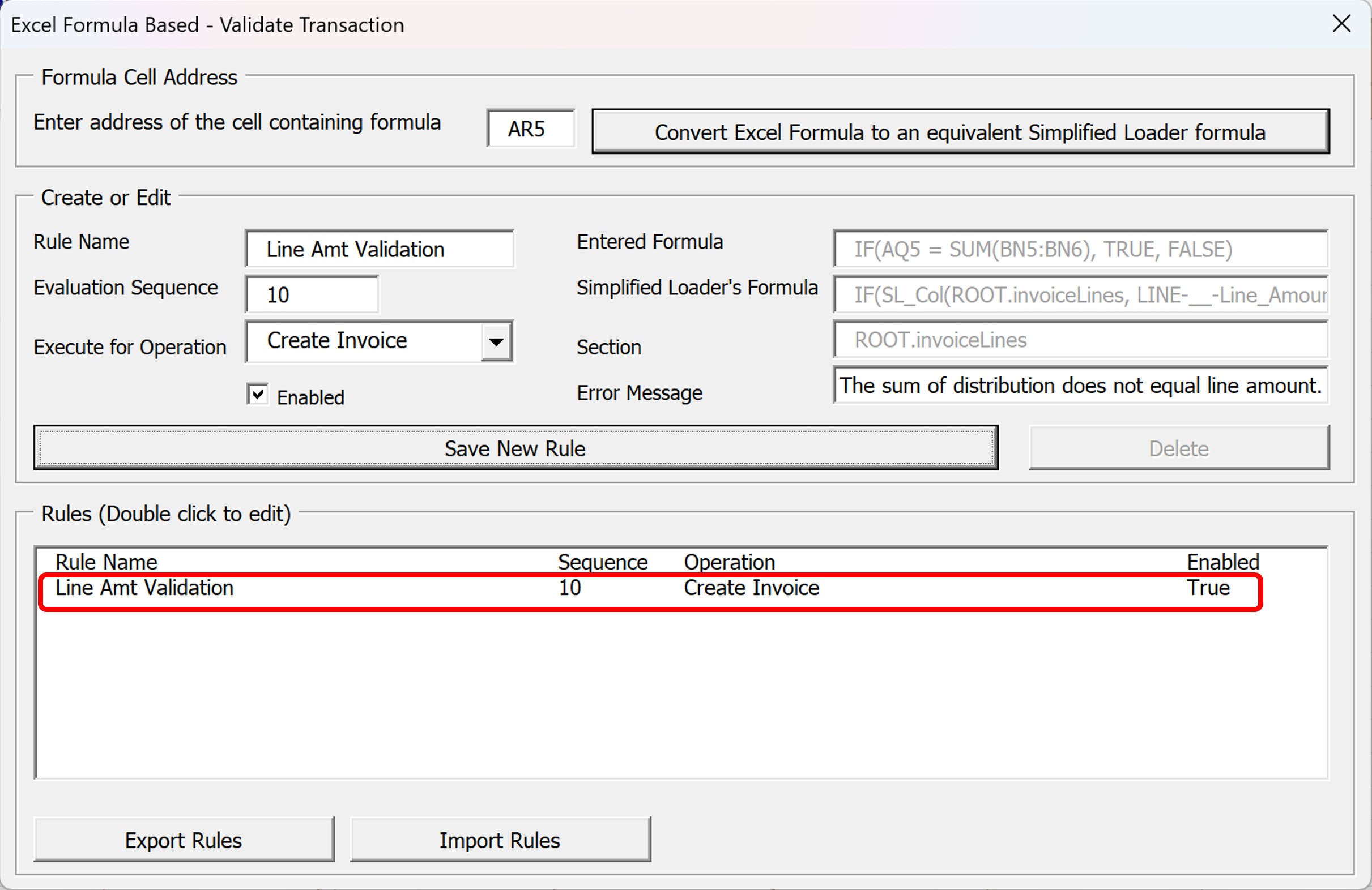 Excel Formula Based - Validate Transaction. Save Formula - Simplified Loader Excel for Oracle Fusion Cloud ERP